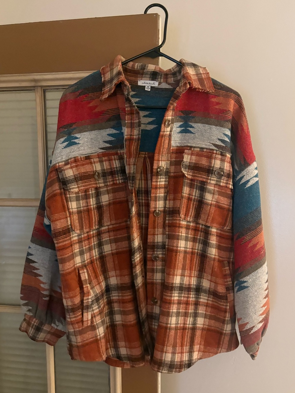 Womans Aztec Plaid Button-Up Shirt Jacket - Rust Multi